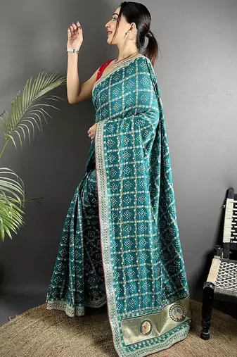 Teal woven design zari silk blend handloom bandhani saree