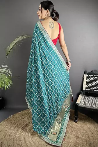 Teal woven design zari silk blend handloom bandhani saree