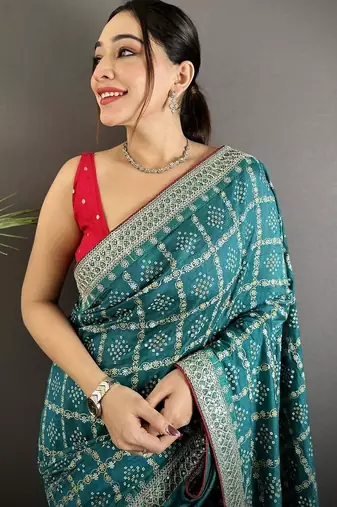 Teal woven design zari silk blend handloom bandhani saree
