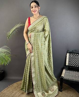 Green embellished beads and stones silk blend heavy work bandhani saree 1