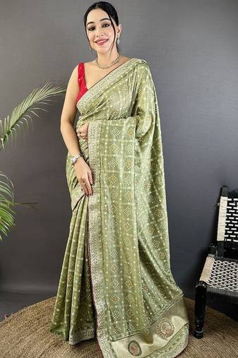 Green embellished beads and stones silk blend heavy work bandhani saree