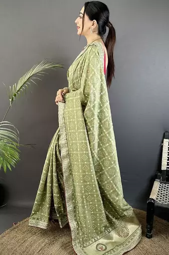 Green embellished beads and stones silk blend heavy work bandhani saree