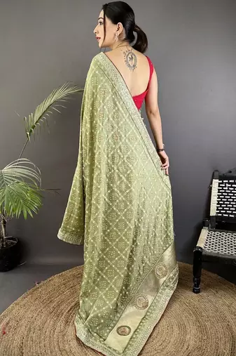 Green embellished beads and stones silk blend heavy work bandhani saree
