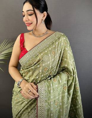 Green embellished beads and stones silk blend heavy work bandhani saree 4