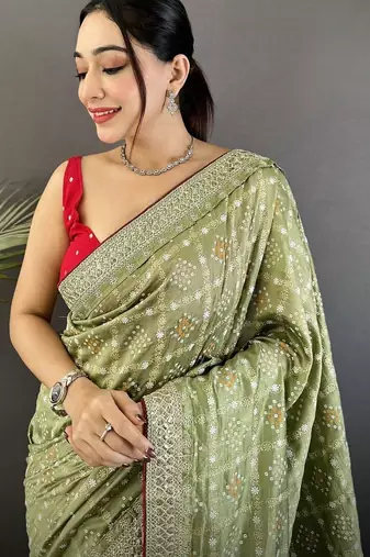 Green embellished beads and stones silk blend heavy work bandhani saree