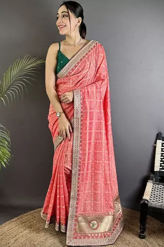 Pink bandhani zari silk blend heavy work bandhani saree