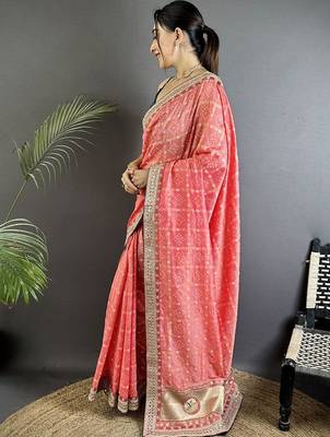 Pink bandhani zari silk blend heavy work bandhani saree 2