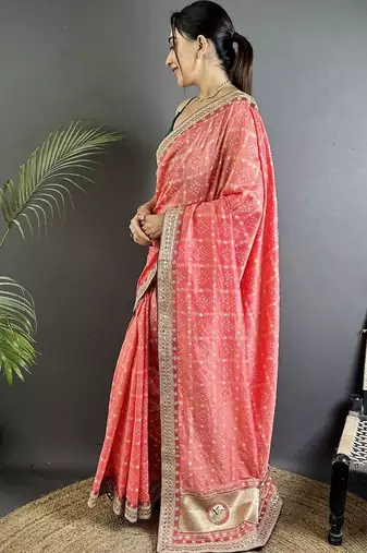Pink bandhani zari silk blend heavy work bandhani saree