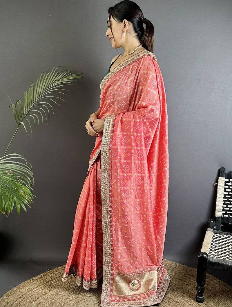 Pink bandhani zari silk blend heavy work bandhani saree