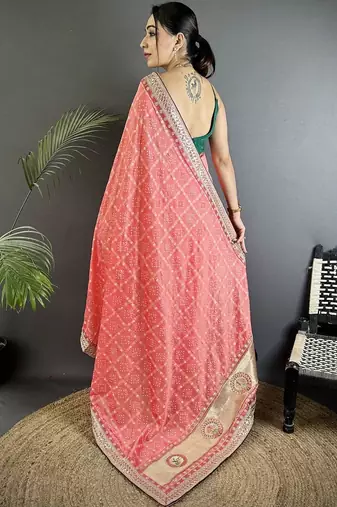 Pink bandhani zari silk blend heavy work bandhani saree