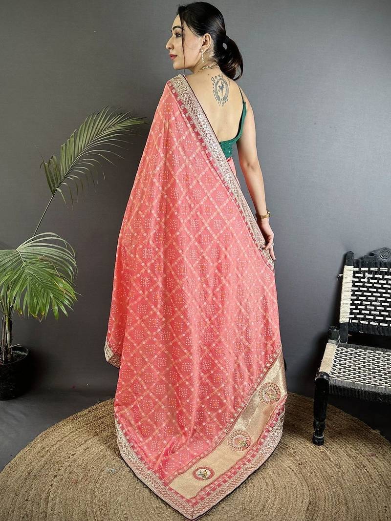 Pink bandhani zari silk blend heavy work bandhani saree