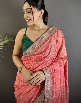 Pink bandhani zari silk blend heavy work bandhani saree 4