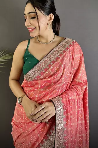 Pink bandhani zari silk blend heavy work bandhani saree