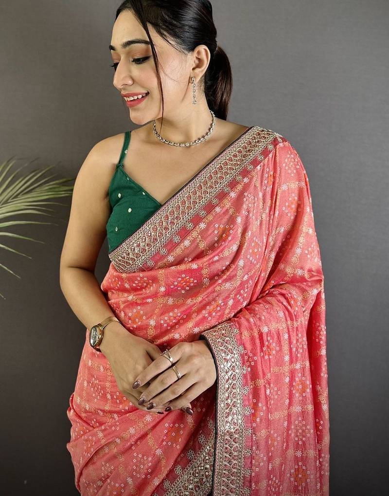 Pink bandhani zari silk blend heavy work bandhani saree