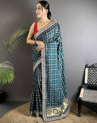 Teal embroidered silk blend heavy work bandhani saree 1