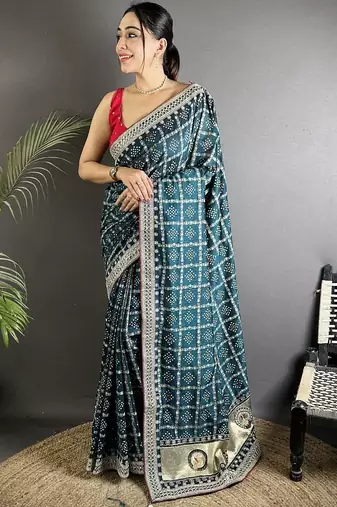 Teal embroidered silk blend heavy work bandhani saree