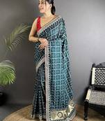Teal embroidered silk blend heavy work bandhani saree