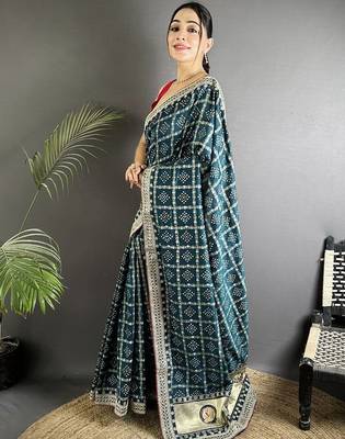 Teal embroidered silk blend heavy work bandhani saree 2