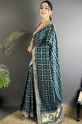 Teal embroidered silk blend heavy work bandhani saree