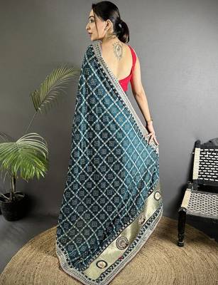 Teal embroidered silk blend heavy work bandhani saree 3