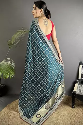 Teal embroidered silk blend heavy work bandhani saree