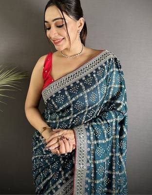 Teal embroidered silk blend heavy work bandhani saree 4
