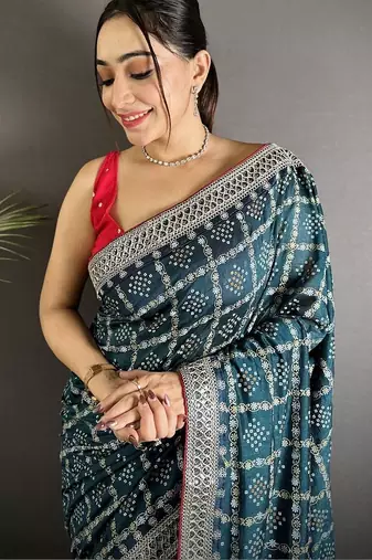 Teal embroidered silk blend heavy work bandhani saree