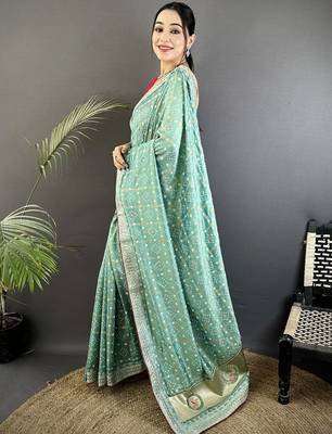 Teal ethnic motifs sequinned silk blend bandhani saree 2