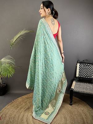 Teal ethnic motifs sequinned silk blend bandhani saree 3