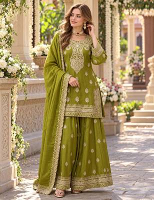 parrot green chinon readymade suit with embroidery & sequence work 1