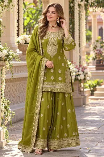 parrot green chinon readymade suit with embroidery & sequence work