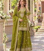 parrot green chinon readymade suit with embroidery & sequence work