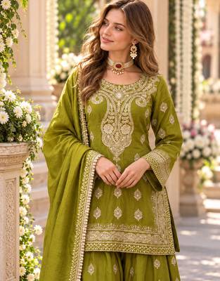 parrot green chinon readymade suit with embroidery & sequence work 2