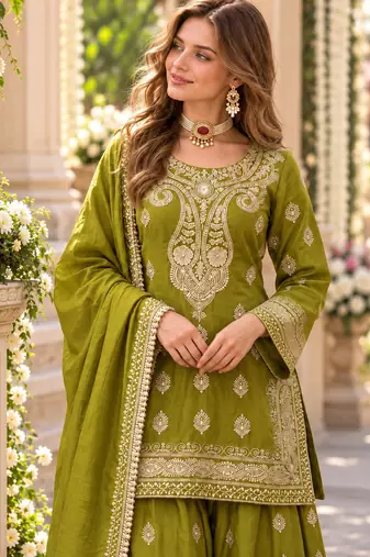 parrot green chinon readymade suit with embroidery & sequence work