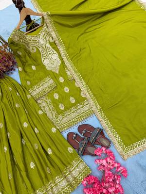 parrot green chinon readymade suit with embroidery & sequence work 3