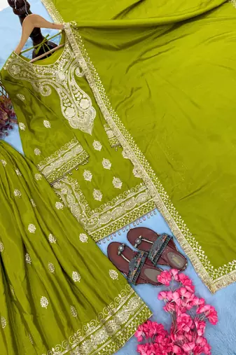 parrot green chinon readymade suit with embroidery & sequence work