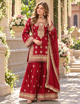 Red chinon readymade suit with embroidery & sequence work 1