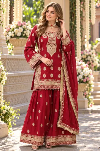 Red chinon readymade suit with embroidery & sequence work