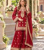Red chinon readymade suit with embroidery & sequence work