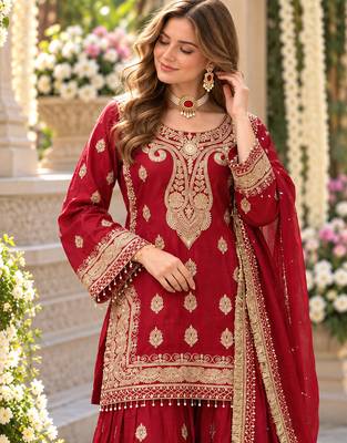 Red chinon readymade suit with embroidery & sequence work 2