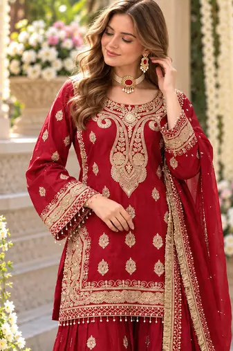 Red chinon readymade suit with embroidery & sequence work