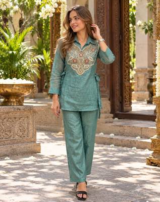 Blue silk blend readymade 2 piece set with embroidery & beads work 1