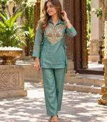 Blue silk blend readymade 2 piece set with embroidery & beads work