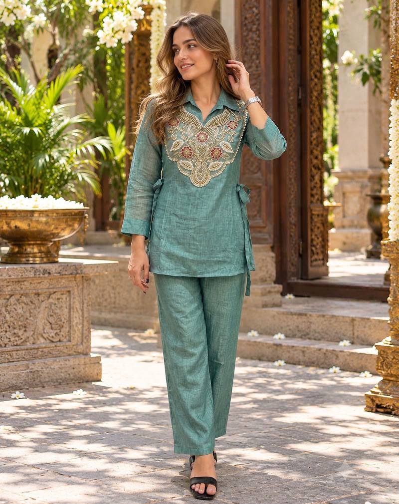 Blue silk blend readymade 2 piece set with embroidery & beads work