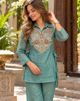 Blue silk blend readymade 2 piece set with embroidery & beads work 2