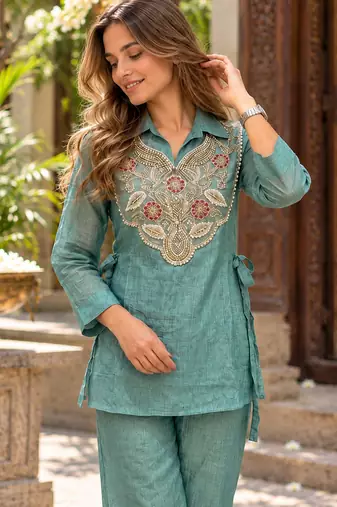 Blue silk blend readymade 2 piece set with embroidery & beads work