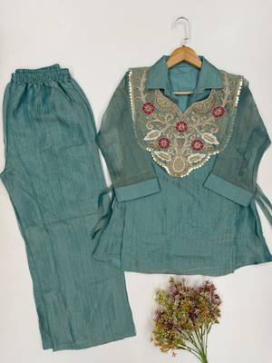Blue silk blend readymade 2 piece set with embroidery & beads work 3