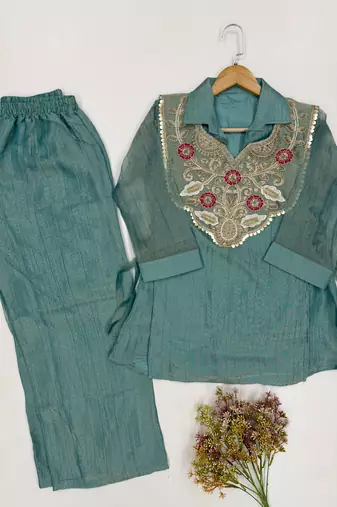 Blue silk blend readymade 2 piece set with embroidery & beads work