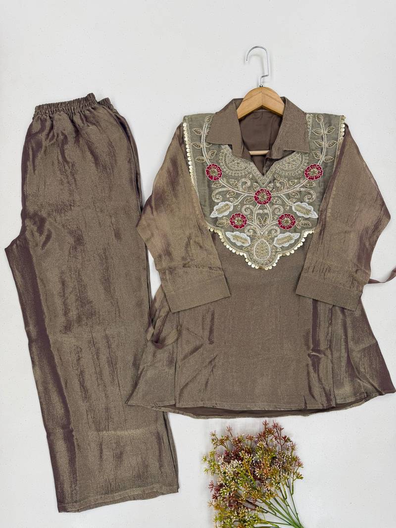 Brown silk blend readymade 2 piece set with embroidery & beads work