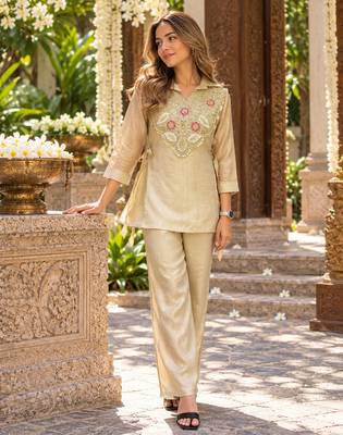 Off silk blend readymade 2 piece set with embroidery & beads work 1